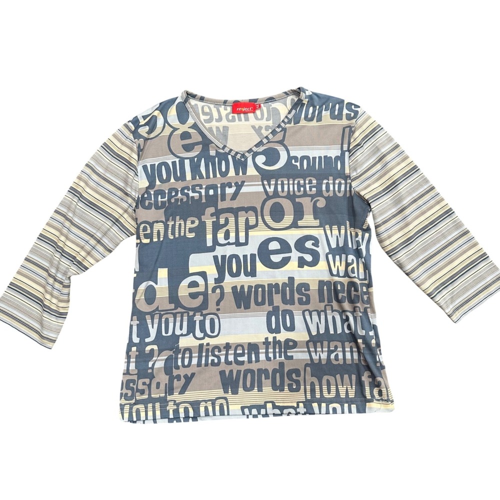 Reject Womens Y2K V-Neck Graphic Typographic Stripe 3/4 Sleeve Top Grey Blue